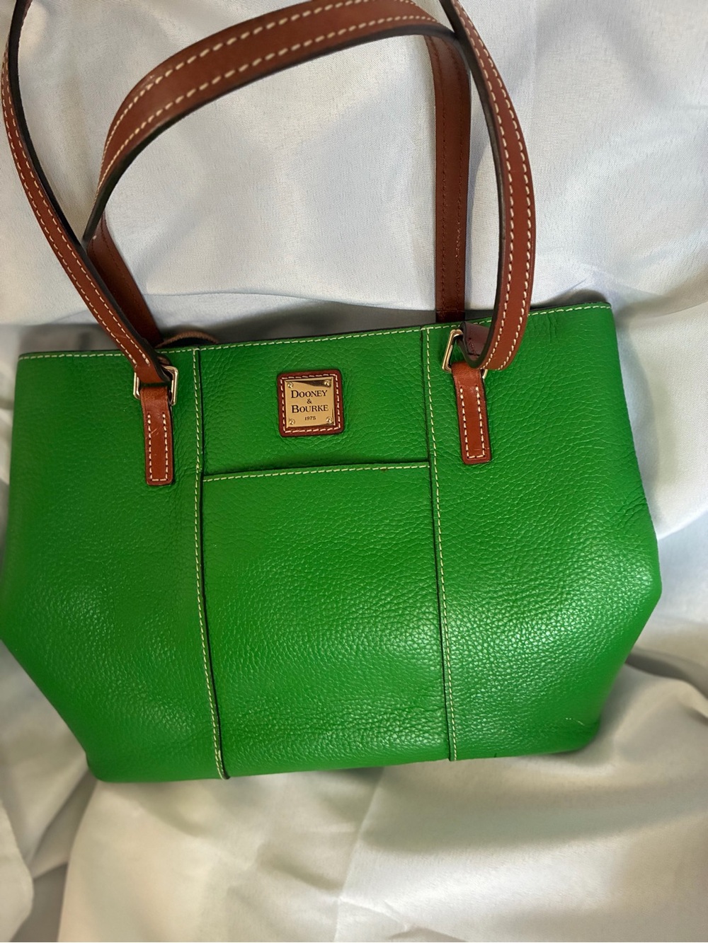 Dooney & Bourke Bright Green Leather Shoulder Tote with Brown Handles